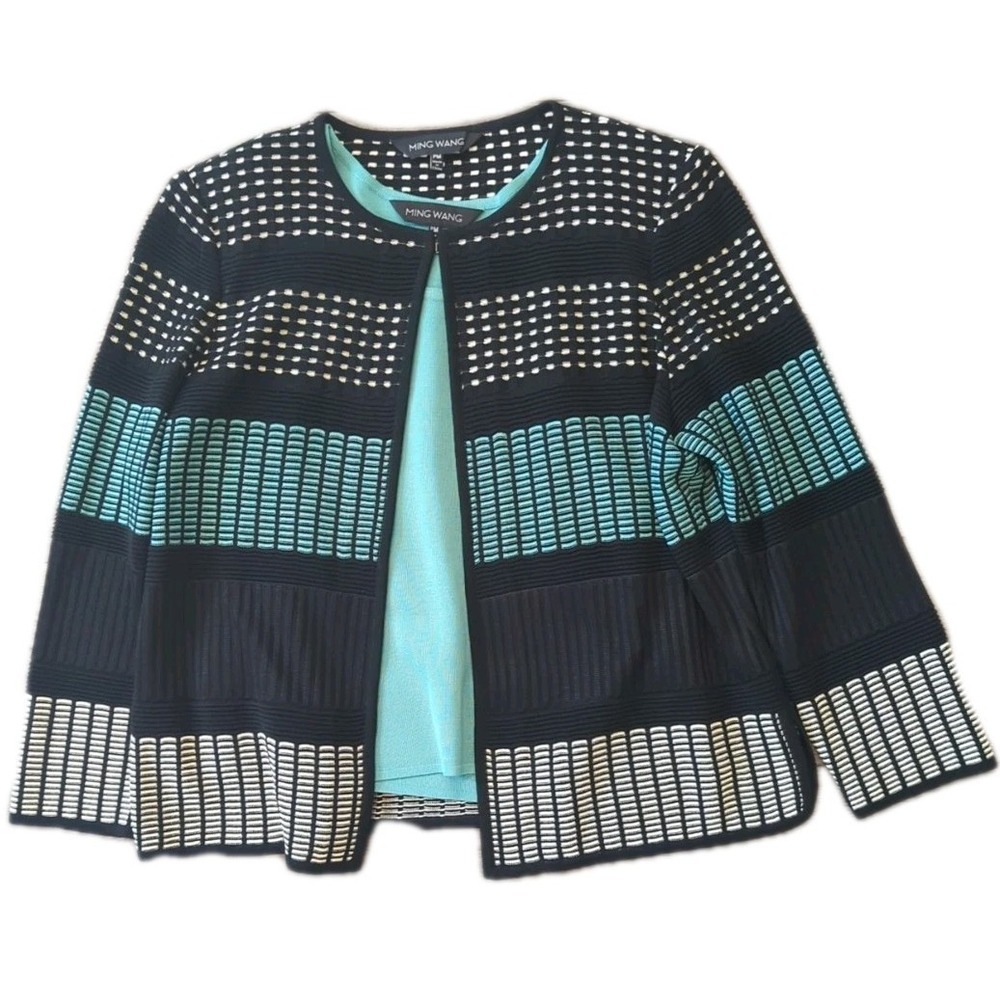 Ming Wang PM Cardigan & Tank 2 Piece Block Striped Stretch Textured Long Sleeve